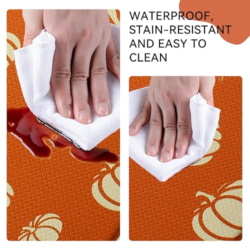 Autumn Pumpkin Kitchen Rug Set - Waterproof Non-Slip Anti-Fatigue Mats, 17.3x29 + 17.3x47 Inches - Orange, Rectangular, 0.4H