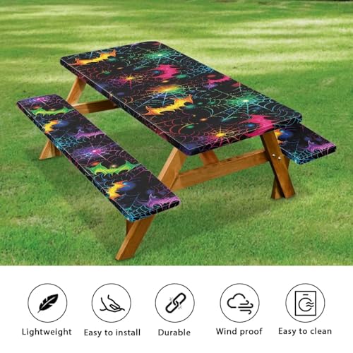 Halloween Bat Spider Web 8 Ft Picnic Table Cover and Bench Covers Set - Waterproof & Windproof, 3 Pieces