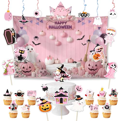 Halloween Party Decorations Set with Backdrop, Masks, Headbands, Cupcake Toppers & Photo Booth Props