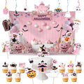 Halloween Party Decorations Set with Backdrop, Masks, Headbands, Cupcake Toppers & Photo Booth Props