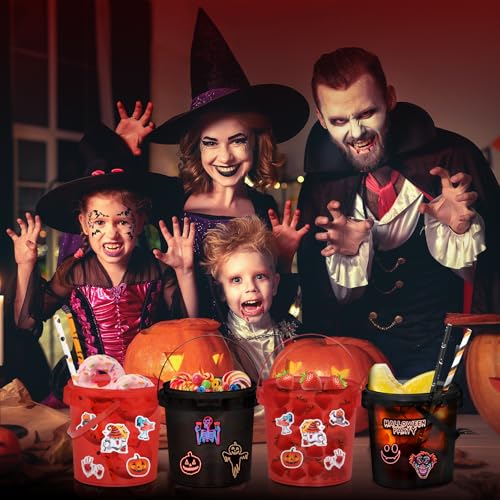 Halloween Candy Buckets Set - 20 Plastic Trick-or-Treat Baskets with Lids, Straws & Stickers