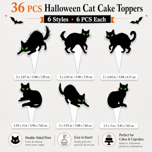 Halloween Black Cat Cupcake Topper - Green Eyes, Reusable, 36 Pack - Variation: Black Cat