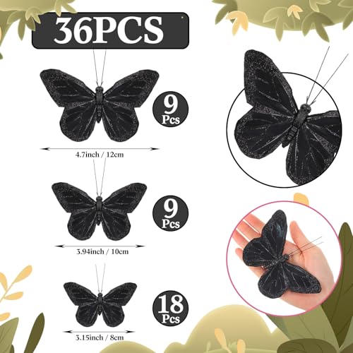 Black Feather Butterfly Wall Decor Set - 36 Monarch Decorations, 3 Sizes, Indoor & Outdoor Use (Variation: Black / 36)