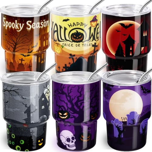 Halloween Shot Glasses Mini Tumblers with Straw & Lid - 6 Pack - Pumpkin Castle Variation