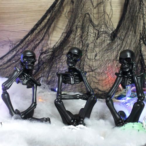 Black Skeleton Decor Set of 3 - Gothic Thinker Skeleton Figurines for Home & Halloween Decor