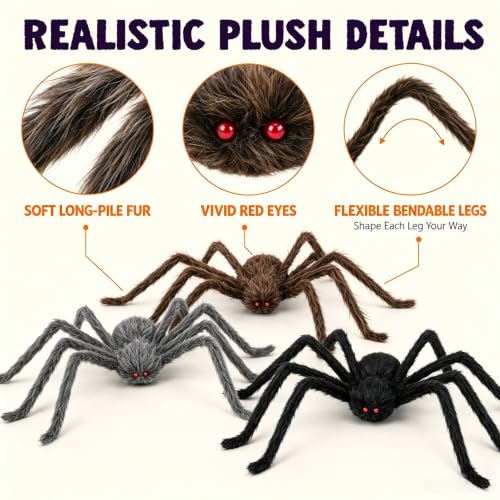 Giant Halloween Spider Decorations - 3 Pack 5 Ft Furry Outdoor Spiders