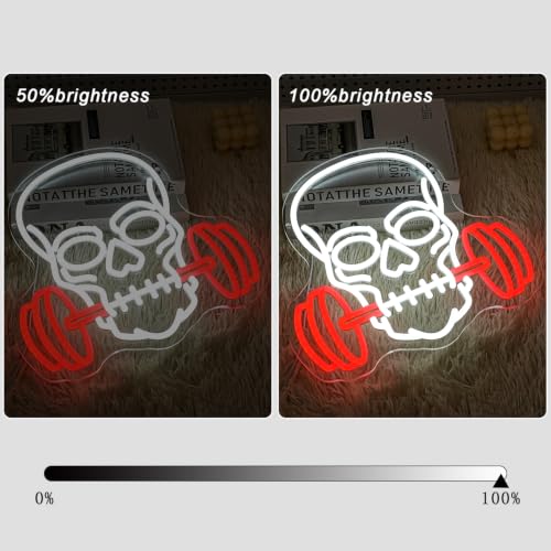 Dumbbell Skull Neon Sign for Gym & Halloween Wall Decor - Red & White