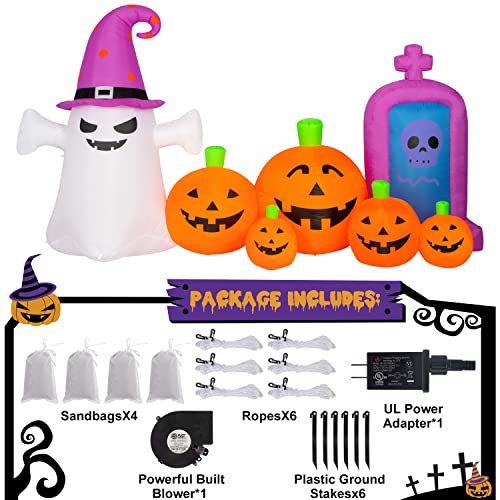 8ft Inflatable Halloween Pumpkin Ghost and Tombstone Outdoor Decor with LEDs