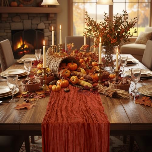 Fall Cheesecloth Table Runner - Boho Gauze 118 Inch, Warm Color, 6 Pack