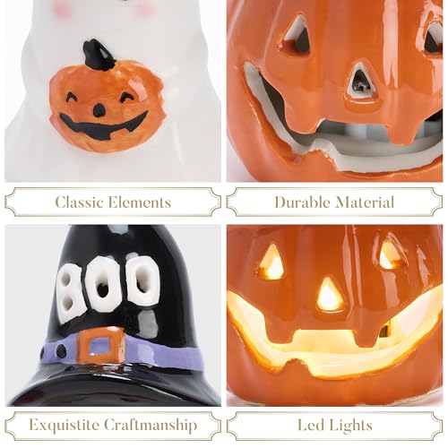 Halloween Ceramic Figurines with Lights - Jack o Lantern & Ghost Decor, 2 Pack