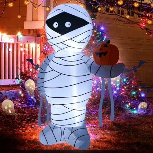 4FT Inflatable Mummy Halloween Decoration with LED Lights & Pumpkin - Outdoor Indoor Decor