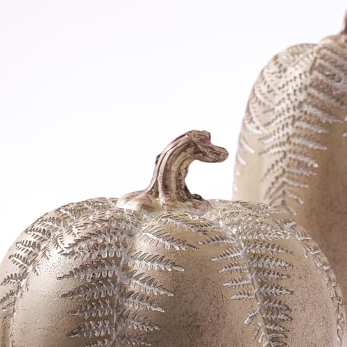 Fall Pumpkin Decorations Set - Brown Faux Pumpkins with Leaf Carving, 2 Pieces