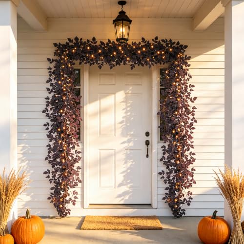 9FT Artificial Plum Cimicifuga Seeded Garland with 100 LED Lights - Fall Decor, Halloween & Thanksgiving