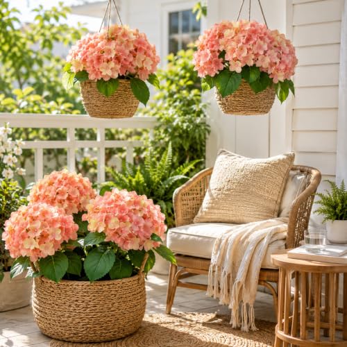 Pink-Orange Hydrangea Artificial Flowers for Outdoor - UV Resistant, 8Pcs