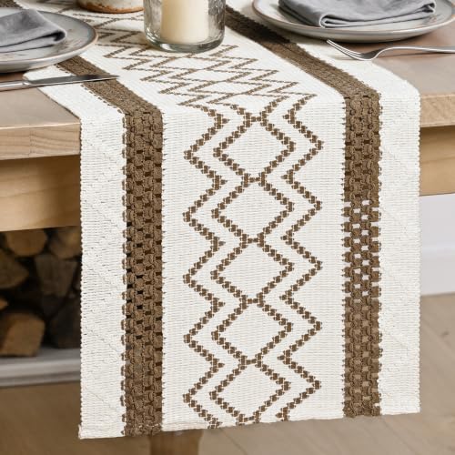 12x72 Inch Coffee Stripe Diamond Woven Table Runner - Light Coffee