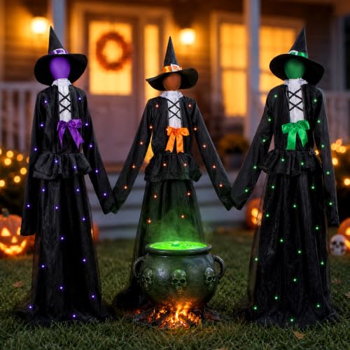 3 Witches Halloween Light Up Decoration Set - Outdoor Ghostly Yard Prop with Solar Power & Remote