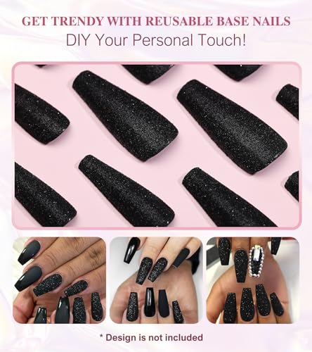 Long Black Glitter Coffin Press-On Nails Set - 12 Sizes with Glue & Stickers - Variation 08-Long Black Glitter