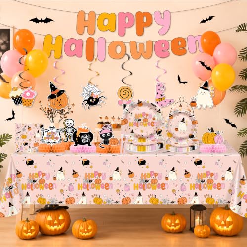 Pink Halloween Party Supplies Kit for Girls with Plates, Napkins, Decorations