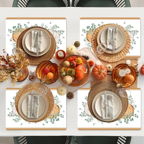 Fall Vinyl Placemats Set of 6 - Orange Pumpkin Autumn Table Decor