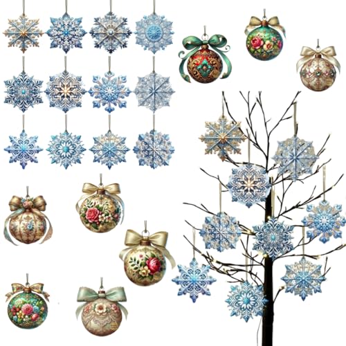 Flowers Double-Sided Wooden Ornaments for Christmas Tree - 20Pcs Holiday Decor with String - Rustic Home Decorations