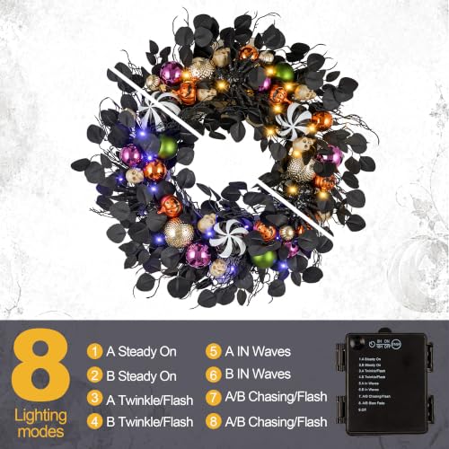 30-Inch Halloween Wreath with Timer - Spider, Skull, Ornaments, Black Green Orange Variation