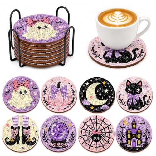 Halloween Diamond Art Coasters Set - Ghost Pumpkin Moon Black Cat Spider Web with Holder - Halloween-3