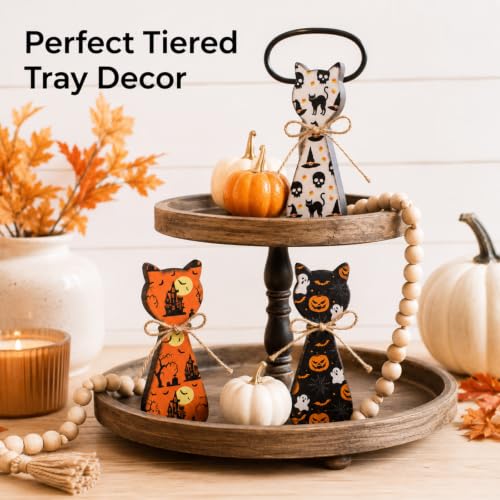 Halloween Cat Figurines Set - Black & White Rustic Wooden Decor for Tiered Tray, Mantle & Shelf