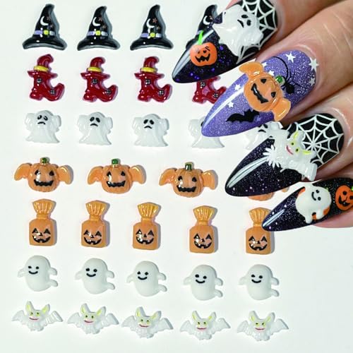Green Halloween Nail Charms 50Pcs Cute Ghost Pumpkin & Hat Decorations for Nail Art