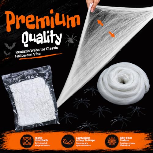 Halloween Spider Web Decorations Set with 120 Fake Spiders - 1400 sq ft