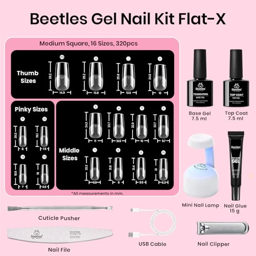Beetles Gel Nail Kit Flat-X Square Medium Tips 320pcs - B Square M 16 Sizes