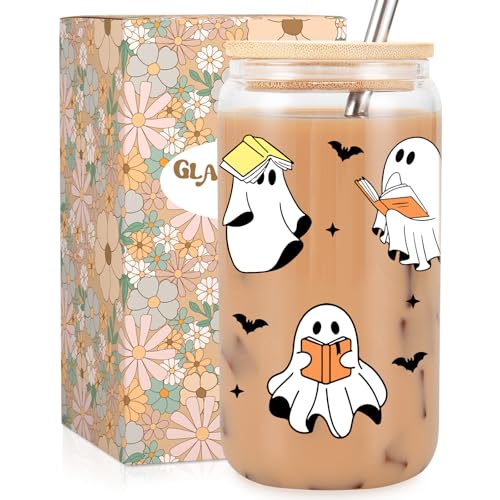 Ghost Reader Halloween Coffee Cup with Lid and Straw - Cute Book Lover Spooky Gift
