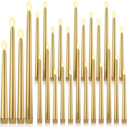 Golden Flameless LED Taper Candles Set - 24 Battery Operated Candles, 8.5-12.8 Inch, Classic Style
