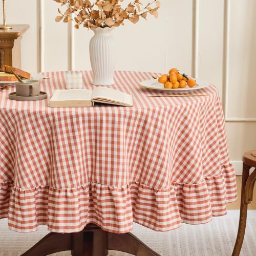 Orange Fall Gingham Ruffled 70-Inch Round Tablecloth Cotton Linen Style