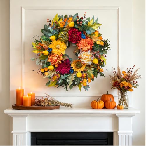 Pinkpuii 24 Inch Fall Harvest Wreath for Front Door - Red Peony Variation