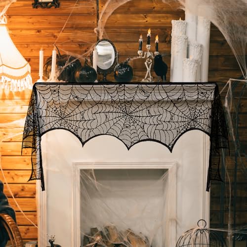 Halloween Fireplace Scarf - Black Lace Spiderweb Mantle Decoration 18x96 Inch Spider Web Design