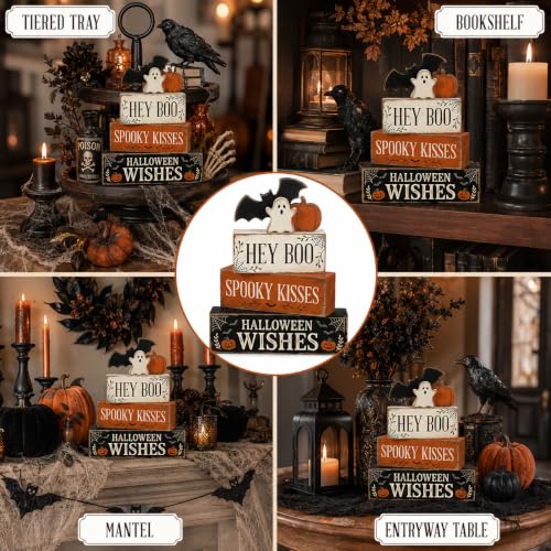 Halloween Wooden Tiered Tray Decor Set - Ghost & Jack O Lantern Signs, Indoor Festive Display