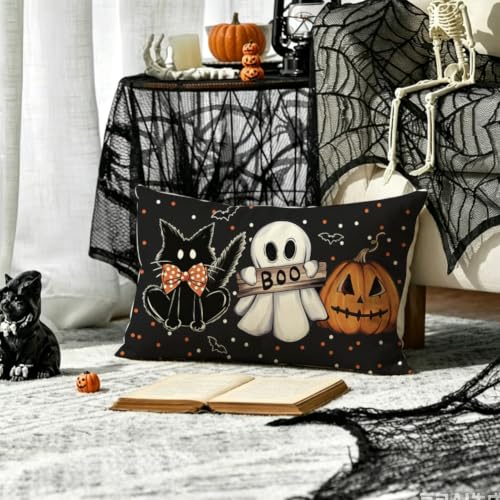 Halloween Ghost Pillow Cover Waterproof 12x20 Outdoor Indoor Decor - Black