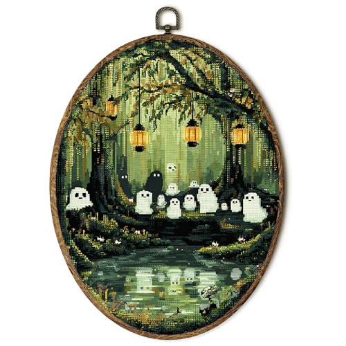 Ghost Oval Wall Art Decor - Halloween Pixel Art Canvas Print - Variation Ghost_16