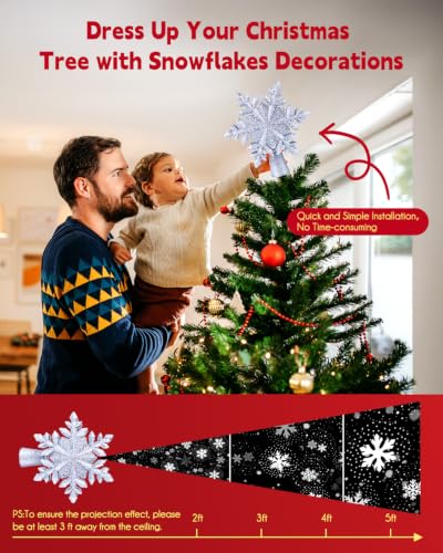 Christmas Snow Tree Topper with Built-in LED Snowflake Projector - Silver Snowflake Variation