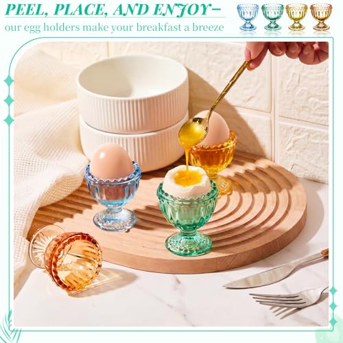 Glass Egg Cups Set of 4 - Colorful Retro Egg Holders for Breakfast - 4 Color Variation