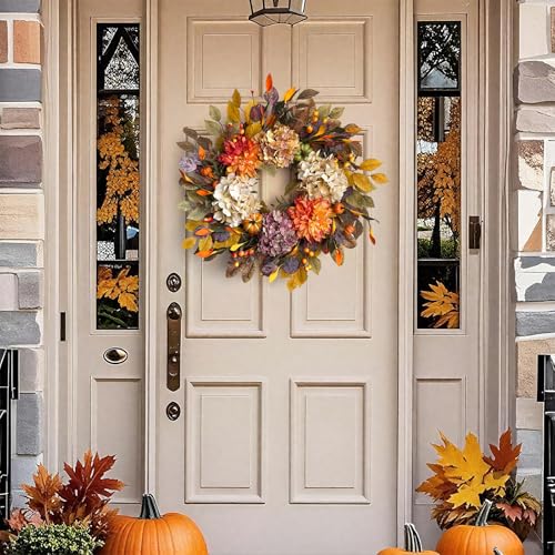 24-Inch Autumn Front Door Wreath with Hydrangea, Dalia and Pumpkins - Fall Decor