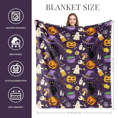 Halloween Throw Blanket 50x60 Orange Pumpkins Black Cat Spooky Decor Gift