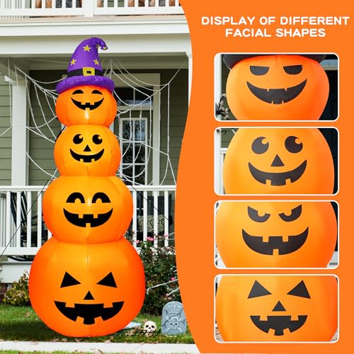 8FT Stacked Pumpkin Inflatable with Witch’s Hat and LED Lights - Halloween Yard Decor