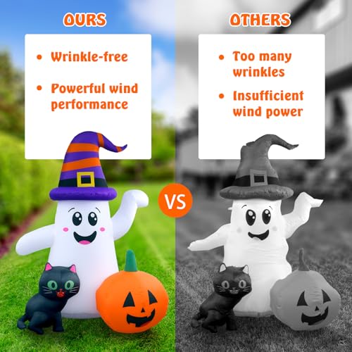 5 Ft Halloween Inflatable Ghost with Pumpkin and Black Cat – Indoor/Outdoor Decor with LED Light