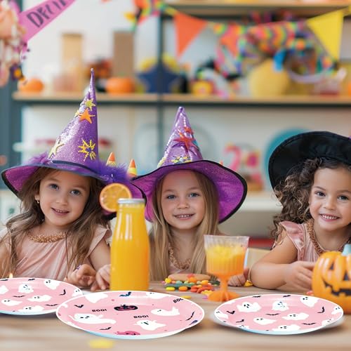 50Pcs Halloween Paper Plates Pink Ghost Disposable Dinnerware Set 7 & 9 Inch