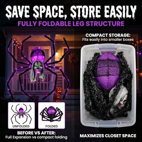 52-Inch Wall-Mounted Halloween Giant Skull Face Spider with Flashing Red & Green Eyes - Outdoor Decoration