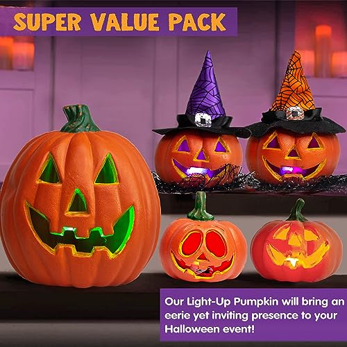 Halloween Light Up Pumpkin Decor Set - Plastic Jack O Lanterns for Indoor & Outdoor Halloween Decorations - Variation of Plastic Pumpkin LED Set