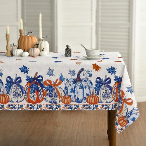 Fall Tablecloth 60 x 84 Inch Rectangular Blue & Orange Porcelain Pattern