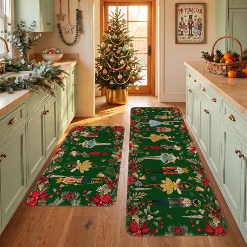 Nutcracker Green Christmas Kitchen Rugs Set of 2 - Door Mat & Runner, Holiday Home Decor