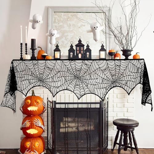 Halloween Fireplace Decorations 18 x 96 Inch Spiderweb Mantle Scarf Black Lace
